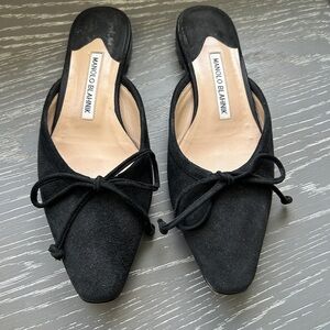 Manolo Blahnik “Ballerimu” Black Suede Pointed Toe Bow Mules